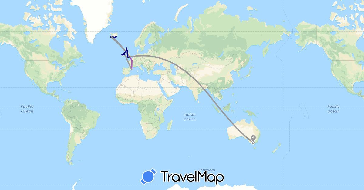 TravelMap itinerary: driving, plane, train in Australia, Spain, France, United Kingdom, Ireland, Iceland, Singapore (Asia, Europe, Oceania)